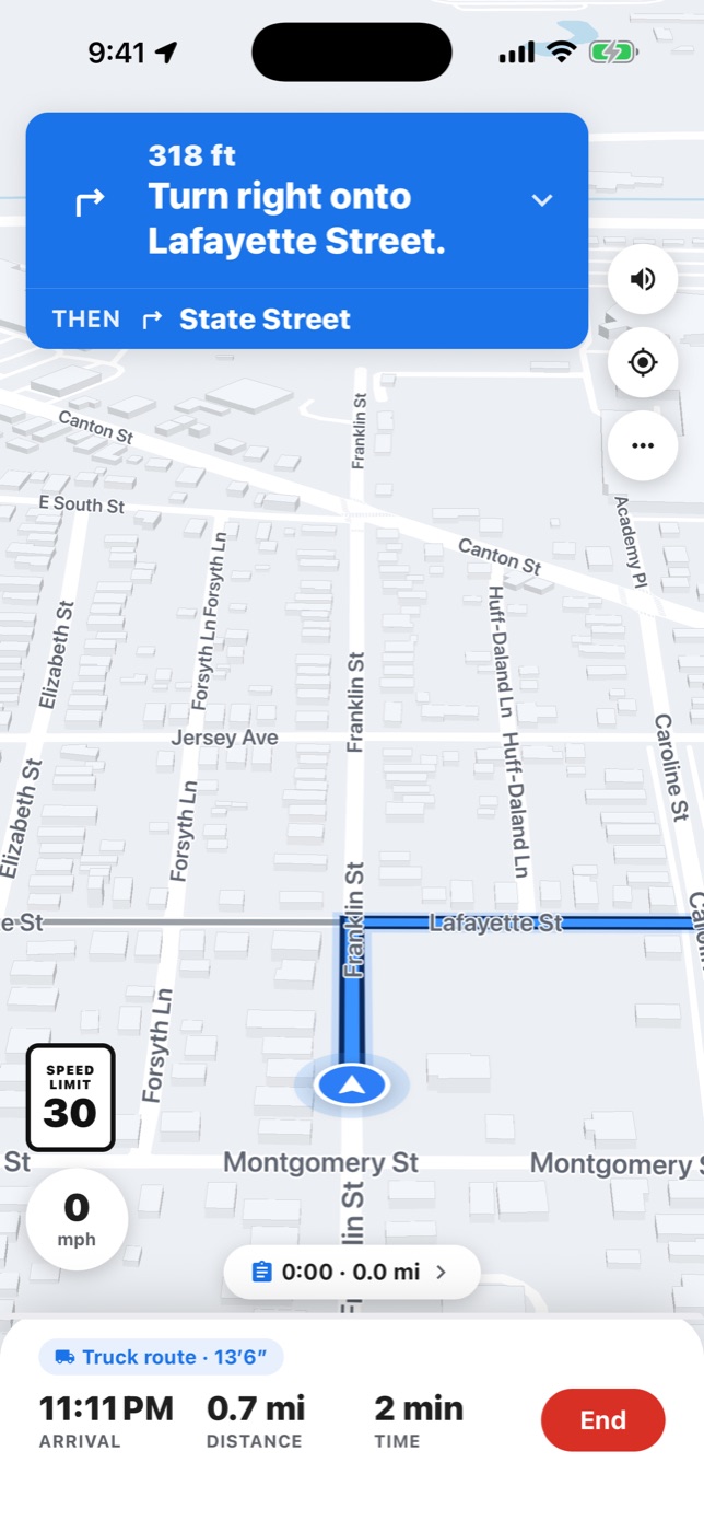 PermitNav turn-by-turn navigation: Turn right onto Lafayette Street, then State Street, on a truck route with a 13 foot 6 inch height
