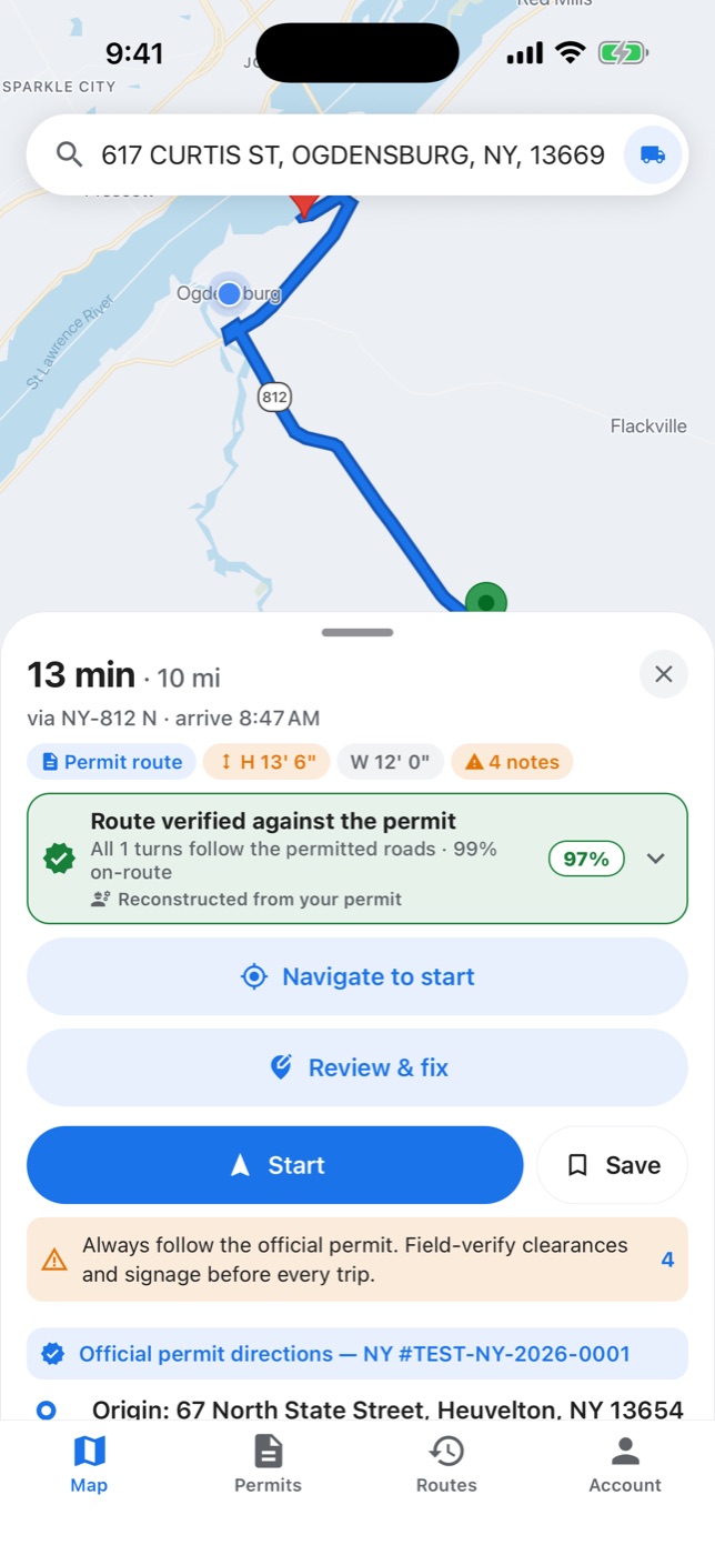 PermitNav showing a New York permit route: route verified against the permit, height 13 feet 6 inches, width 12 feet, with Review and fix and Start